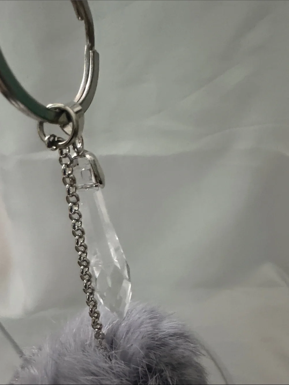 Gray Rabbit Fur Pom Keyring Bag Charm with Silver Hardware and Clear Pendant